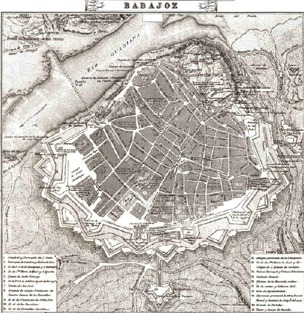 plano de Badajoz en 1853 por Francisco Coello